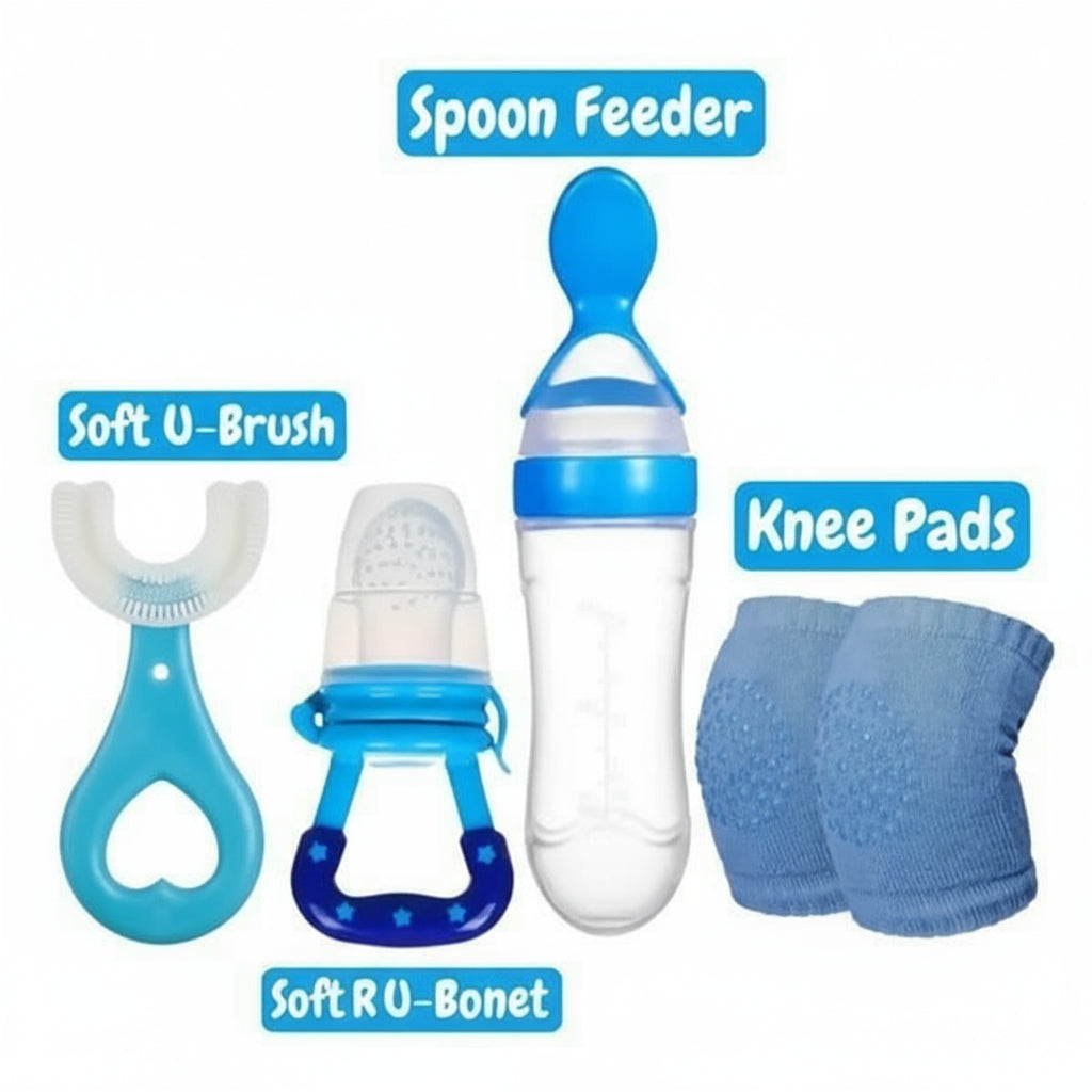 Collection of baby care products including a spoon feeder, soft U-brush, and knee pads on a white background.