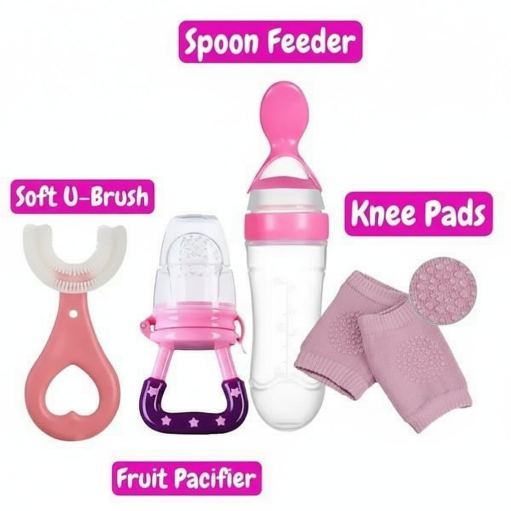 Collection of baby care products including a spoon feeder, soft U-brush, fruit pacifier, and knee pads on a white background.