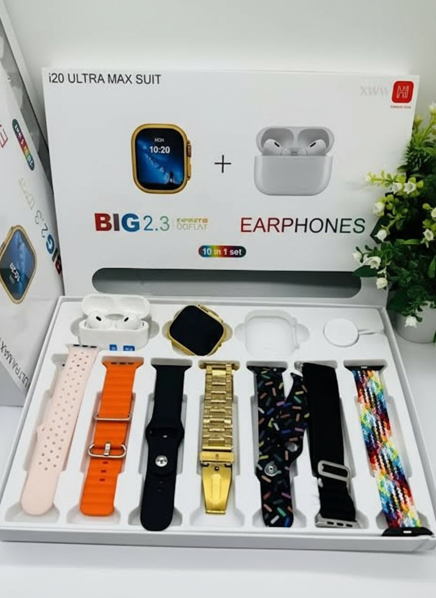 Smartwatch set with various bands and earphones in a box labeled 'i20 Ultra Max Suit'.
