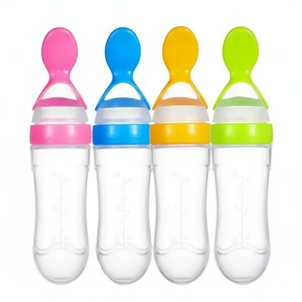 Four colorful baby feeding bottles with spoons on a white background