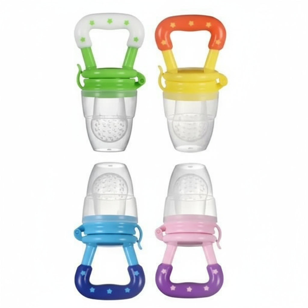 Four colorful baby fruit feeders on a white background